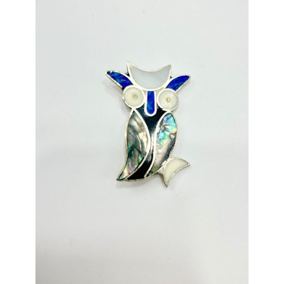 Vintage Alpaca Silver Mexico Owl Bird Pin Brooch with Abalone Shell Stone Inlay - Picture 5 of 10